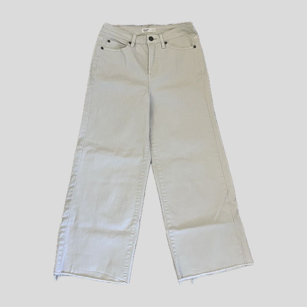 OAT New York Beige Neutral Mid Rise Wide Leg Cropped Frayed Denim Jeans - 4 27